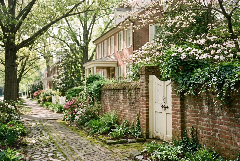Brick garden wall and white gate beneath flowering dogwoods in Chapel Hill