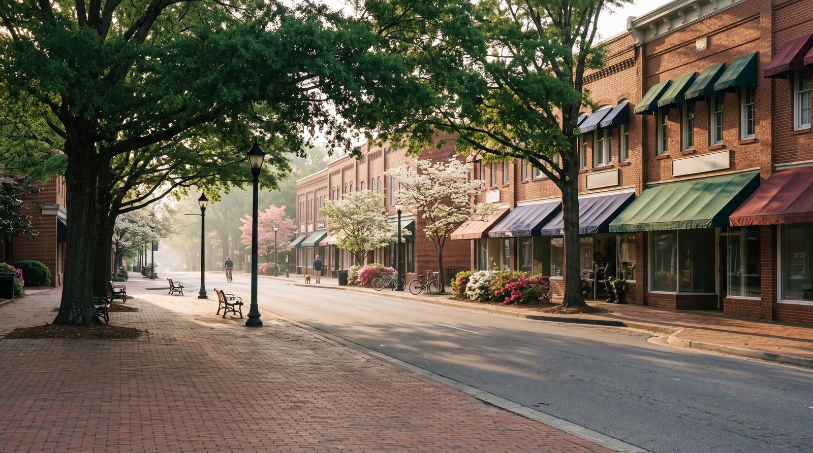 Tree-lined main street in Chapel Hill, North Carolina, in early morning light